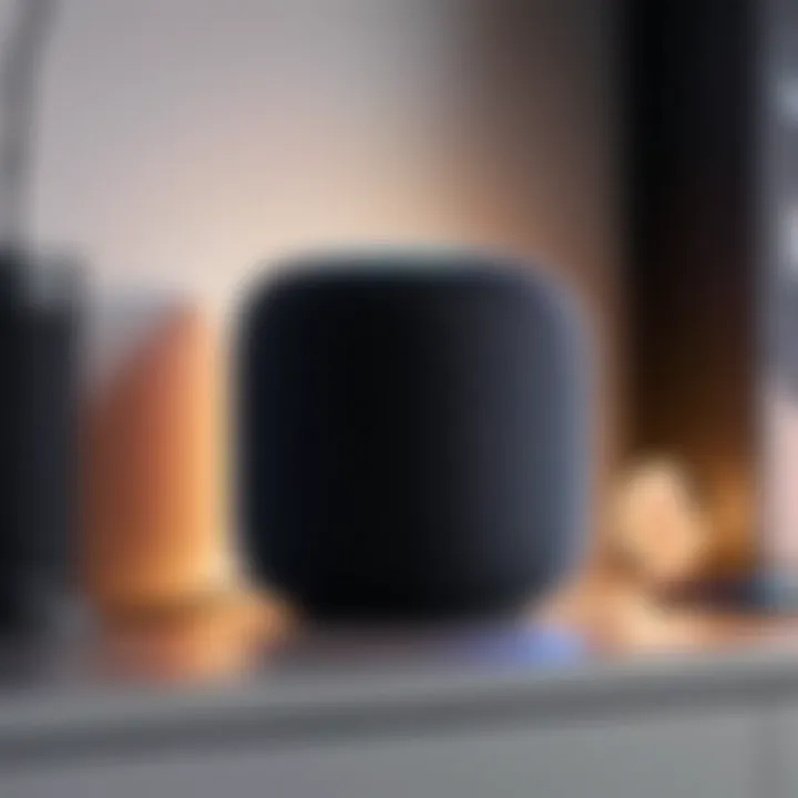 A close-up of an Apple HomePod and smart light bulbs in a cozy setting