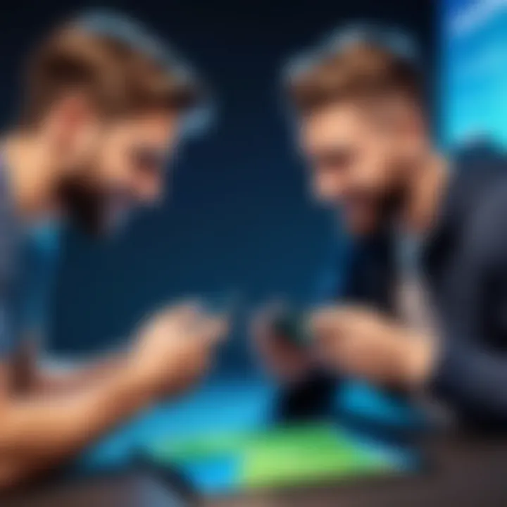 Two friends competing in a strategy game on their smartphones