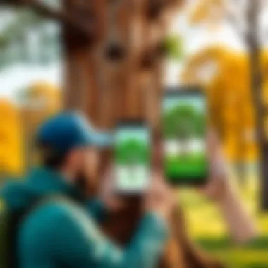Nature Enthusiasts Using Tree Apps Nature enthusiasts using tree identification apps in the field