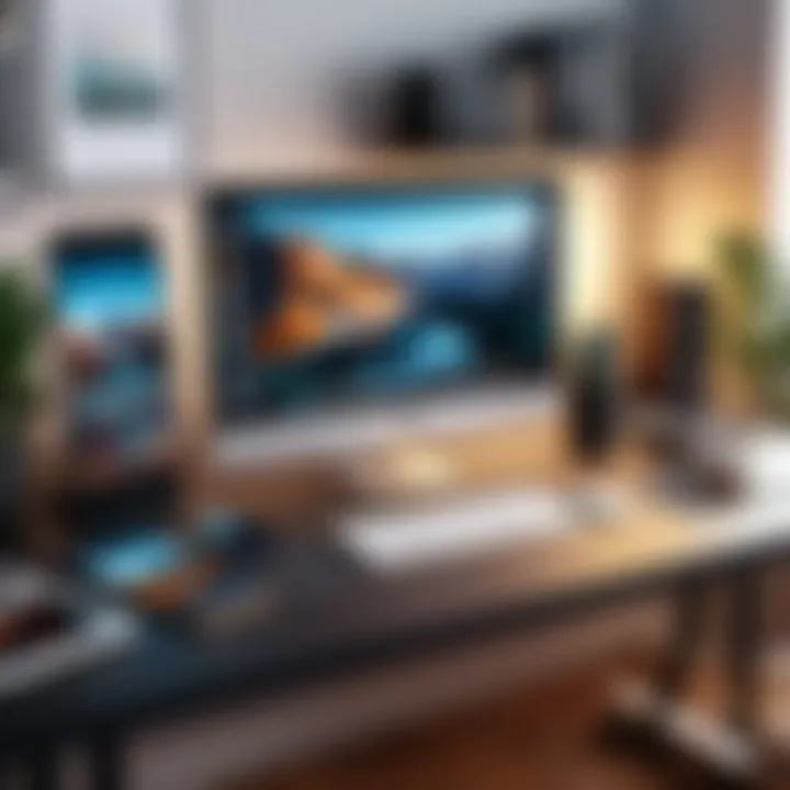 A creative workspace with an iPhone and various multimedia elements.