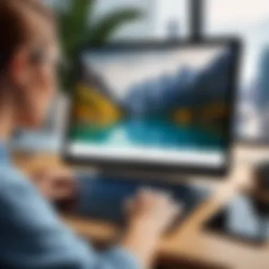A digital artist using a tablet and stylus for creating artwork