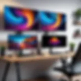 A visually striking dual monitor setup displaying vibrant wallpapers