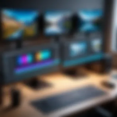 A desktop setup featuring advanced video editing software with multiple monitors