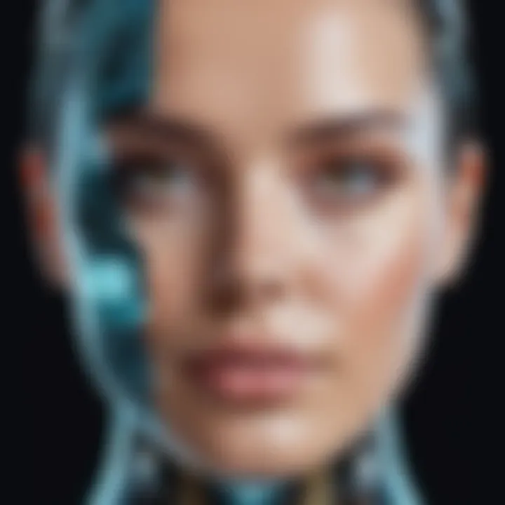 An illustration showcasing the transformation of a digital face using AI enhancement.