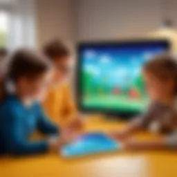 A vibrant scene showcasing children engaging with educational games on a tablet