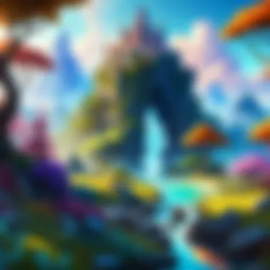 A vibrant fantasy landscape with mystical creatures