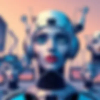 A futuristic scene showcasing potential trends in digital art, with AI-generated faces integrated into various creative projects.