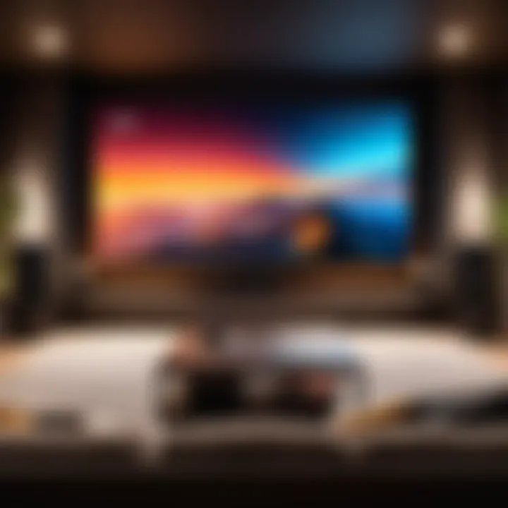 A cozy home theater setup with a screen displaying a movie.