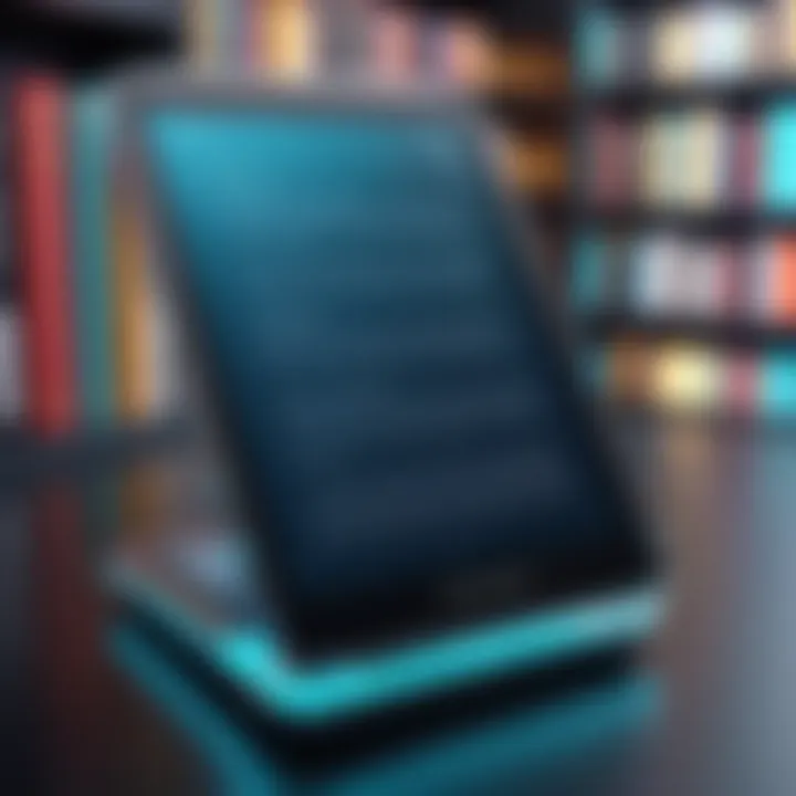 A futuristic e-reader displaying a vibrant digital library.