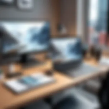 Artistic representation of a creative workspace with a PC and drawing tools