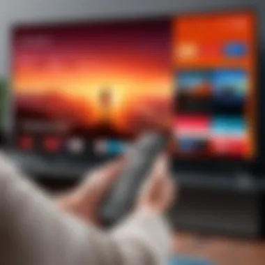 Enhanced User Experience with Firestick Lite Remote User interacting with the Firestick Lite remote while streaming content on a TV screen.