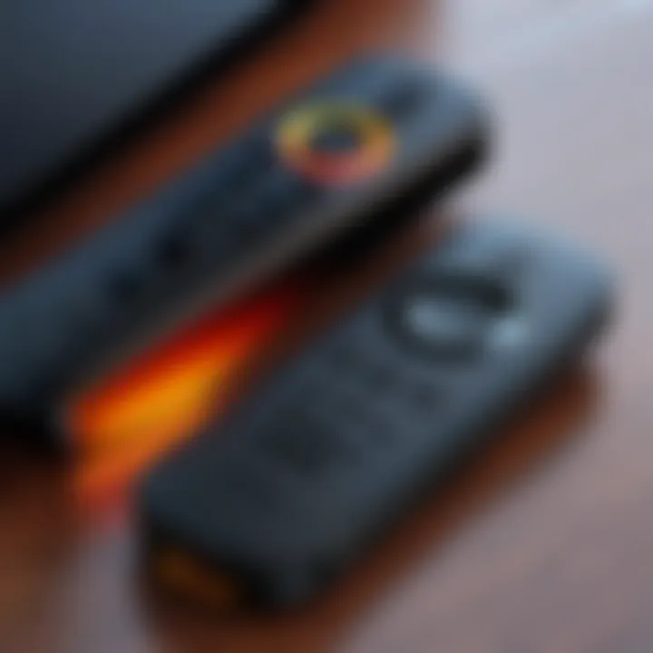 A Firestick remote with a cover demonstrating compatibility with the device