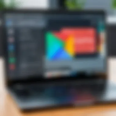 Laptop Displaying Google Play Store Illustration showing a laptop with the Google Play Store interface displayed.