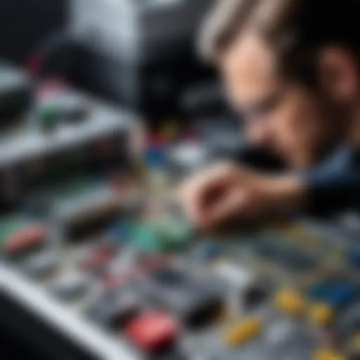 A technician examining audio hardware components