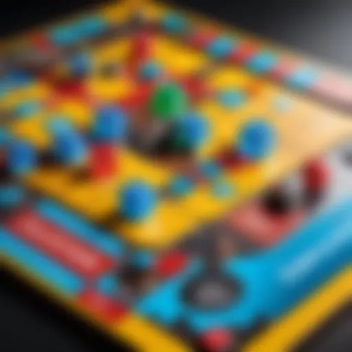 A classic board game setup with pieces and a colorful board