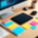 Colorful sticky notes on a desk with a digital device
