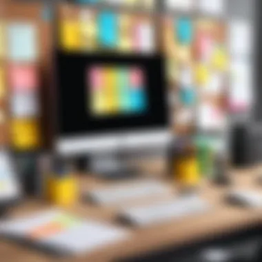 A well-organized workspace featuring sticky notes and task management tools