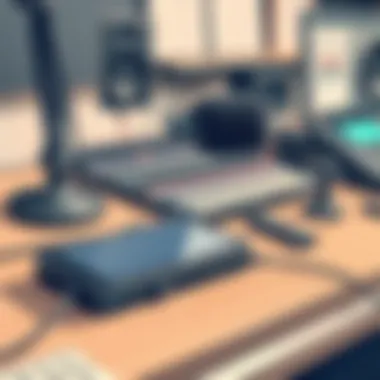 iPhone placed on a desk with recording equipment in the background