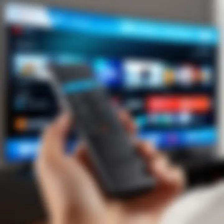 User navigating through the streaming interface using the Samsung Fire Stick Remote