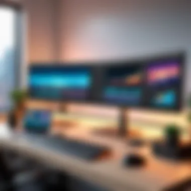 Creative Workflow Setup A workspace featuring multiple monitors with creative software open.
