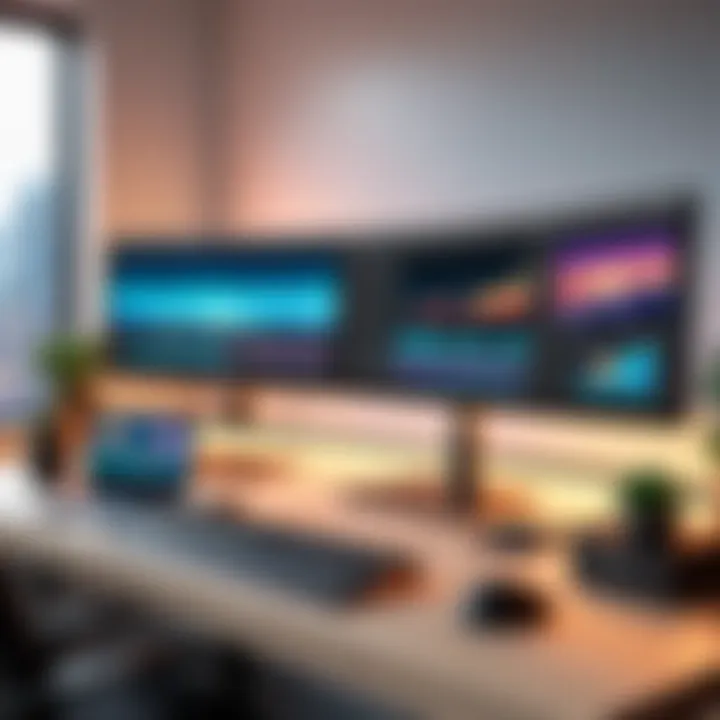 Creative Workflow Setup A workspace featuring multiple monitors with creative software open.