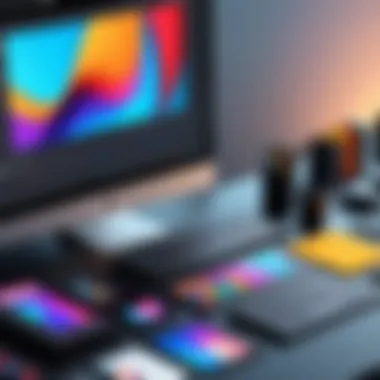Graphic Design Applications A vibrant graphic design interface showcasing various tools and palettes.