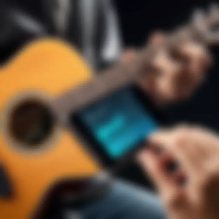 Musician using a smartphone with a guitar tuner app
