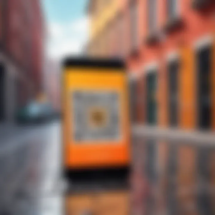A modern smartphone scanning a QR code in a vibrant urban setting