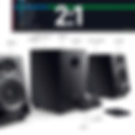 Technical diagram of a 2.1 audio system showcasing its components