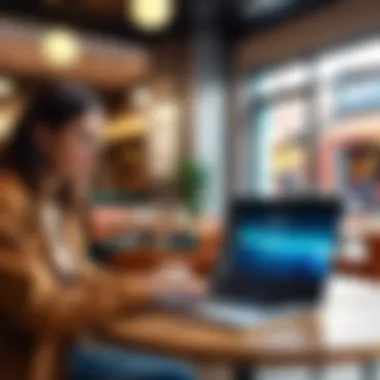Wifi Hotspot in Travel Scenario A traveler using a laptop at a cafe with a wifi hotspot
